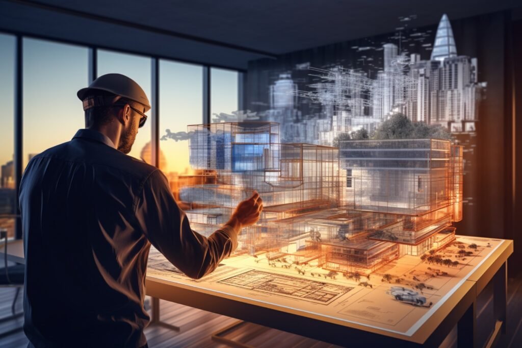 man architect working project with vr glasses new technologies 3d