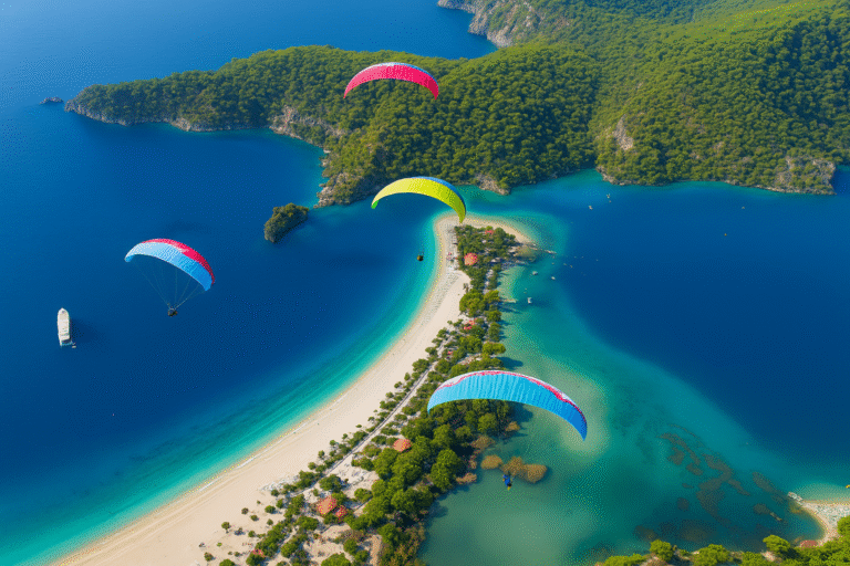Tandem paraglider soaring high above the Besparmak Mountains and Mediterranean coast