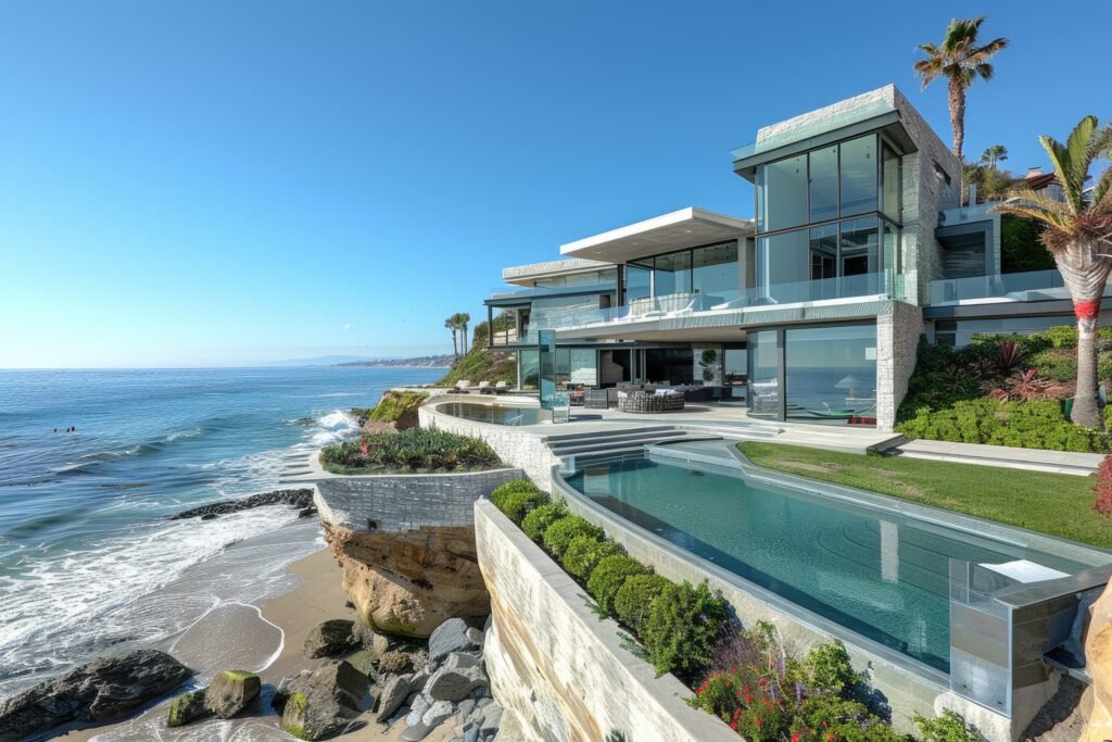 Modern oceanfront luxury home with infinity pool overlooking the beach and blue ocean.