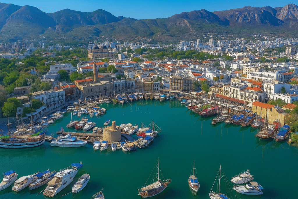 Aerial photo of Kyrenia Harbor in Northern Cyprus with boats, old town buildings, and mountains behind.