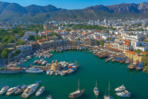 Aerial photo of Kyrenia Harbor in Northern Cyprus with boats, old town buildings, and mountains behind.