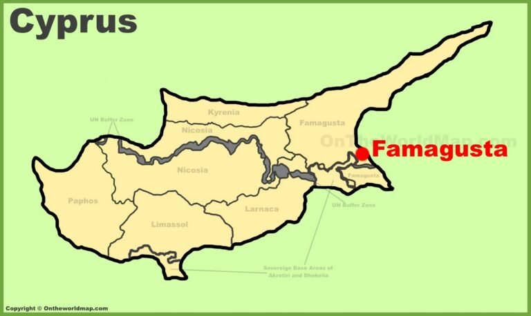 A detailed map of Cyprus with Famagusta (Magusa) highlighted inside a red circle on the eastern coast.