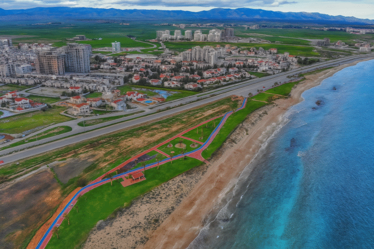 Iskele Long Beach North Cyprus with sandy coastline, promenade, and modern apartments.