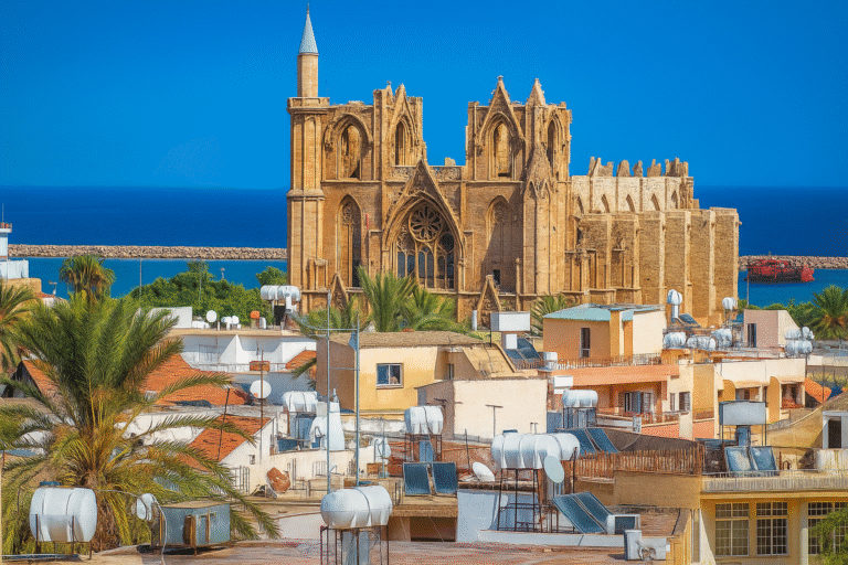 Lala Mustafa Pasha Mosque in Famagusta, North Cyprus, a Gothic cathedral overlooking the Mediterranean Sea surrounded by palm trees and city rooftops.