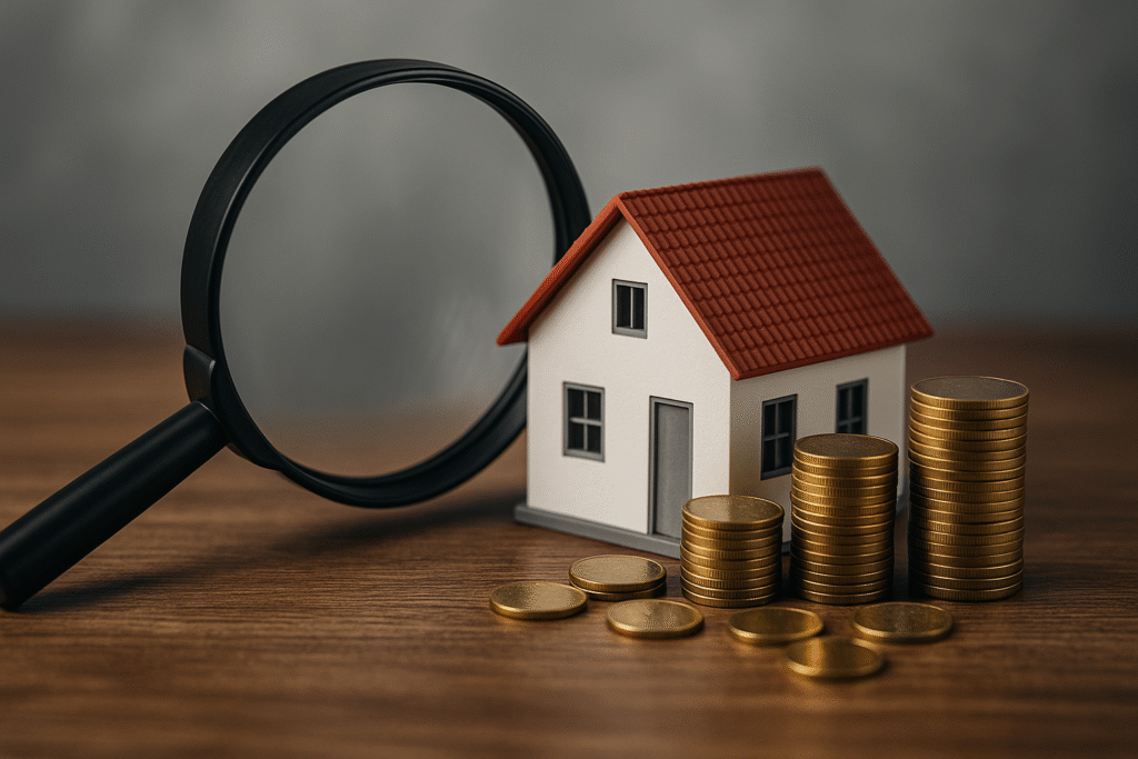 House model, magnifying glass and stacked coins — نماد بررسی هزینه‌های جانبی و پنهان خرید ملک در قبرس شمالی.