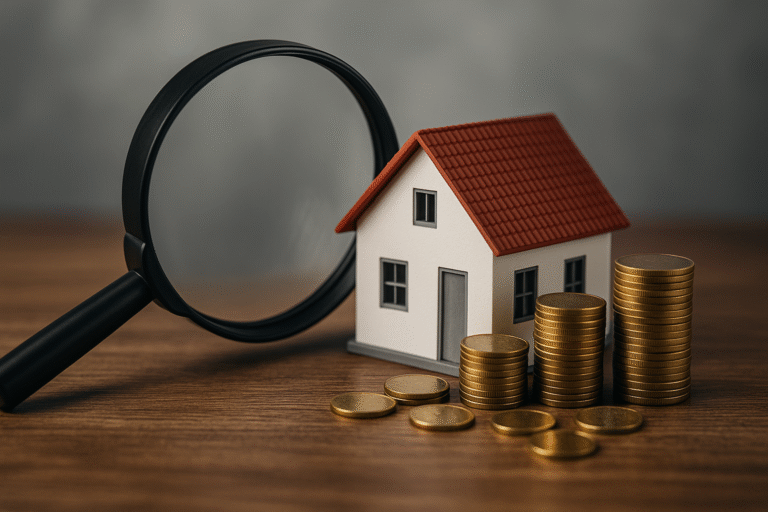 House model, magnifying glass and stacked coins — نماد بررسی هزینه‌های جانبی و پنهان خرید ملک در قبرس شمالی.