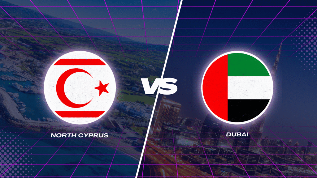 A split image showing Kyrenia Harbor in Northern Cyprus by day and Dubai Marina skyline at night, highlighting the contrast between Mediterranean calm and Gulf luxury.