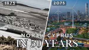 A view of Varosha Famagusta in Cyprus showing abandoned beachfront buildings, reflecting its history and before-and-after transformation.