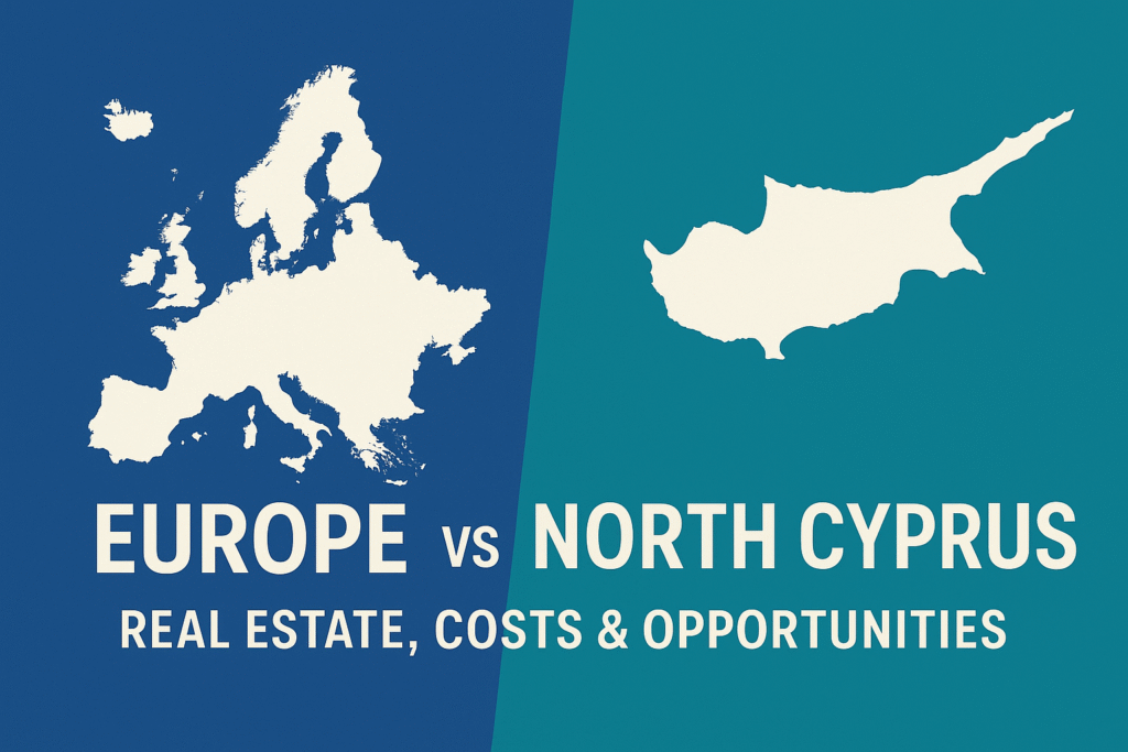 Map comparison of Europe vs North Cyprus highlighting real estate, living costs, and investment opportunities.