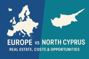 Dashad Blog | Construction, Real Estate & Investment Insights in North Cyprus Map comparison of Europe vs North Cyprus highlighting real estate, living costs, and investment opportunities.