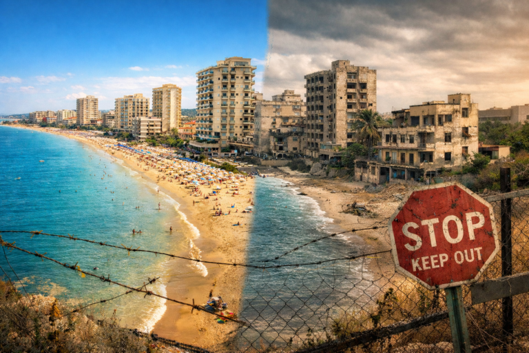 تصویر قبل و بعد شهر متروکه واروشا فاماگوستا در قبرس شمالی، مقایسه ساحل شلوغ گذشته با ساختمان‌های رهاشده و متروکه امروزی