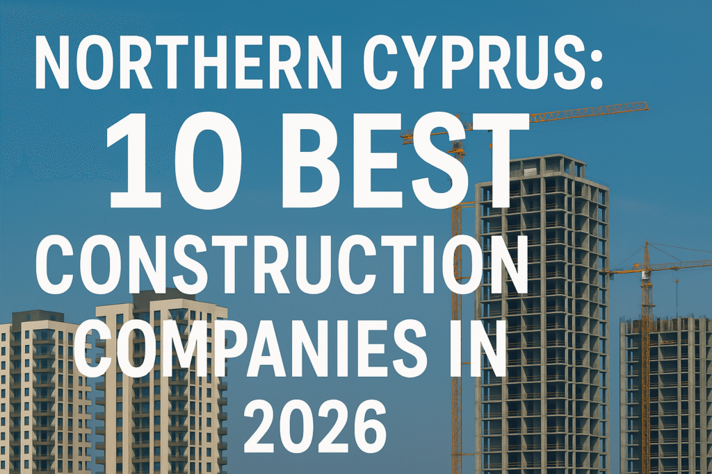 Landscape poster showing modern buildings and cranes with the title ‘Northern Cyprus: 10 Best Construction Companies in 2026’.