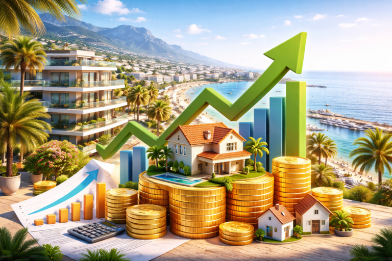 تصویر مفهومی درآمد اجاره ملک در قبرس شمالی شامل سکه، نمودار صعودی و املاک مسکونی