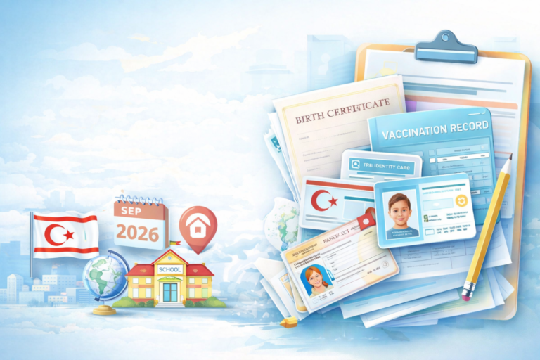 تصویر مفهومی مدارک لازم برای ثبت نام مدرسه در قبرس شمالی شامل کارت شناسایی، گواهی تولد، کارت واکسیناسیون، مدرسه و نماد سال ۲۰۲۶