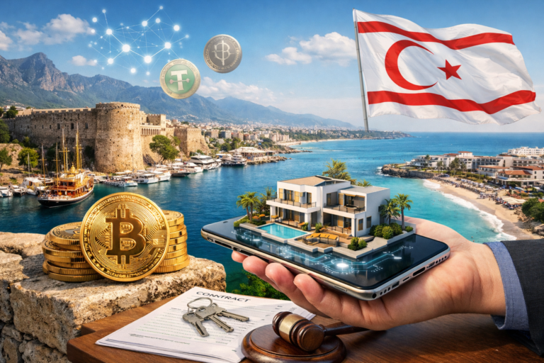 خرید ملک با کریپتو در قبرس شمالی در سال 2026 با نمایش خانه، سکه‌های بیت‌کوین و USDT و نماد قرارداد و محیط ساحلی