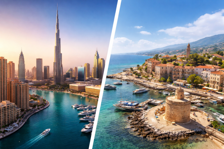 مقایسه سرمایه گذاری ملک در دبی و قبرس شمالی با نمایش افق شهری دبی و ساحل قبرس شمالی