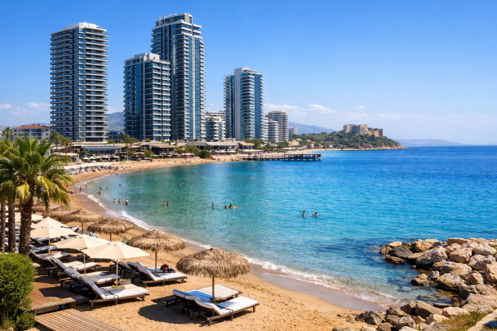 ساحل لانگ بیچ در شهر اسکله قبرس شمالی با برج‌های مدرن، دریای مدیترانه و فضای مناسب زندگی و سرمایه‌گذاری