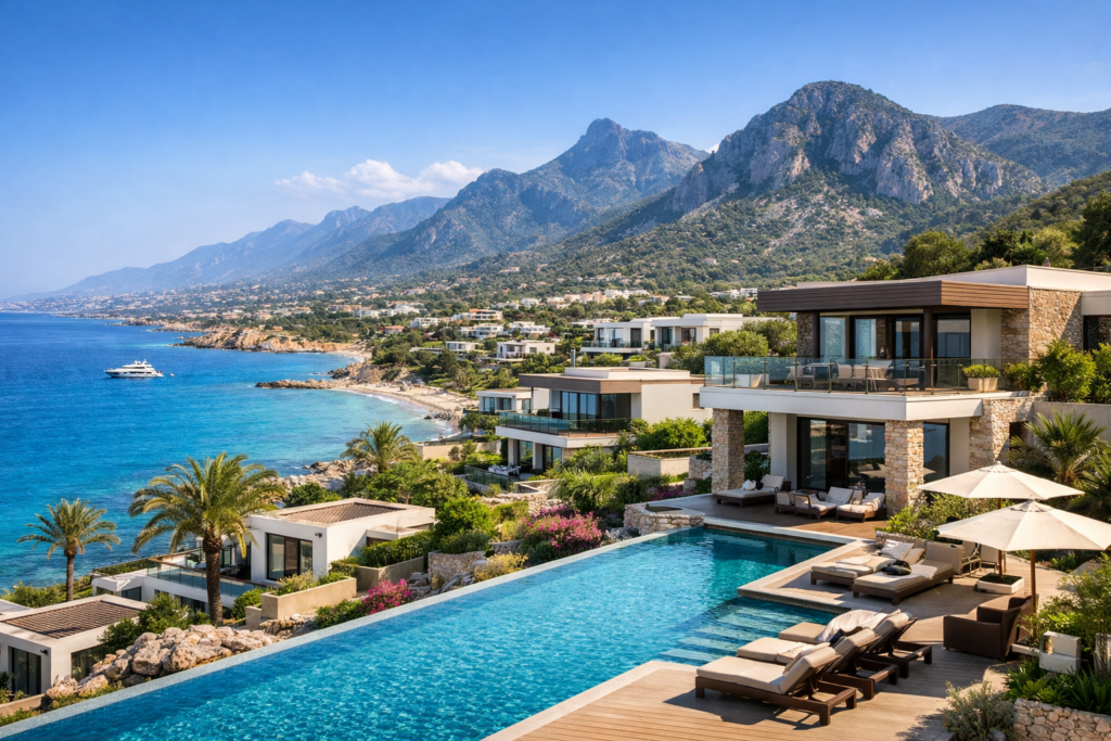 ویلاهای مدرن با استخر اینفینیتی در اسن‌تپه قبرس شمالی با چشم‌انداز دریای مدیترانه و کوه‌های پنج‌انگشت