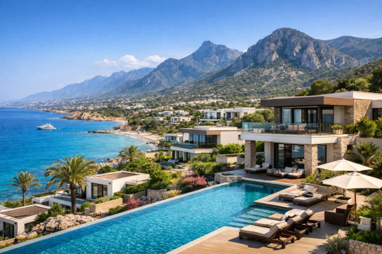 ویلاهای مدرن با استخر اینفینیتی در اسن‌تپه قبرس شمالی با چشم‌انداز دریای مدیترانه و کوه‌های پنج‌انگشت