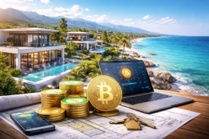 Luxury beachfront villas in Northern Cyprus with Bitcoin and USDT coins symbolizing crypto property purchase in 2026.
