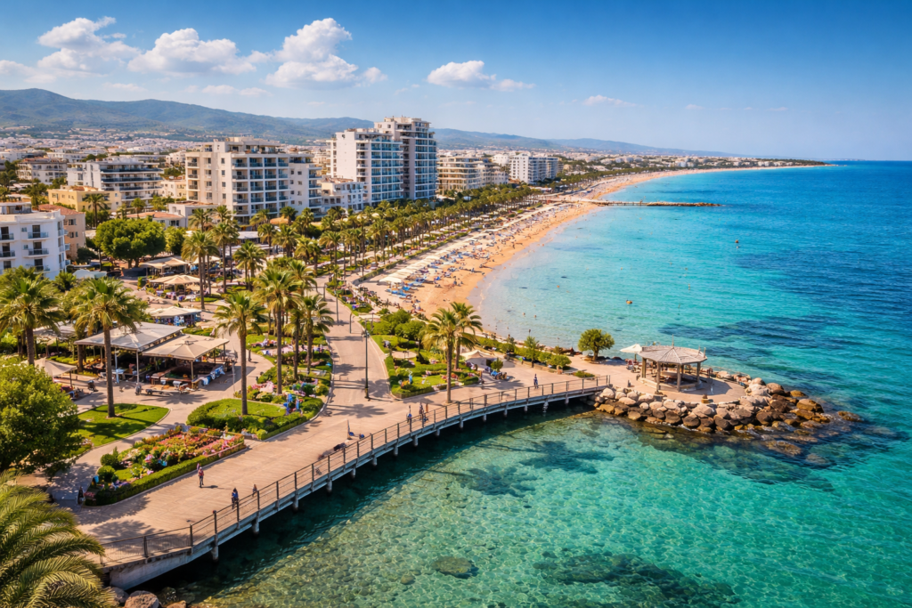 Long Beach Iskele North Cyprus with modern apartments, palm-lined promenade and Mediterranean coastline in 2026