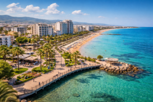 Long Beach Iskele North Cyprus with modern apartments, palm-lined promenade and Mediterranean coastline in 2026